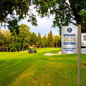 golf course fairway with golf outing registration sign